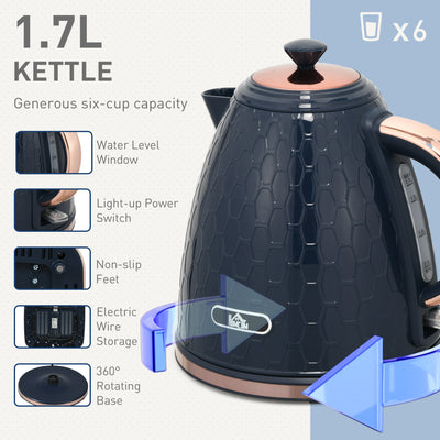 HOMCOM Kettle and Toaster Set, 1.7L 3000W Fast Boil Jug Kettle with Auto Shut Off, 4 Slice Toaster with 7 Level Browning Controls & Crumb Tray, Blue 