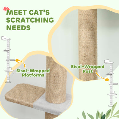 PawHut Wall Mounted Cat Shelves, Cat Climbing Wall with 4 Climbing Platforms, Jute Scratching Post and Toy Ball,180cm Tall, Light Grey 