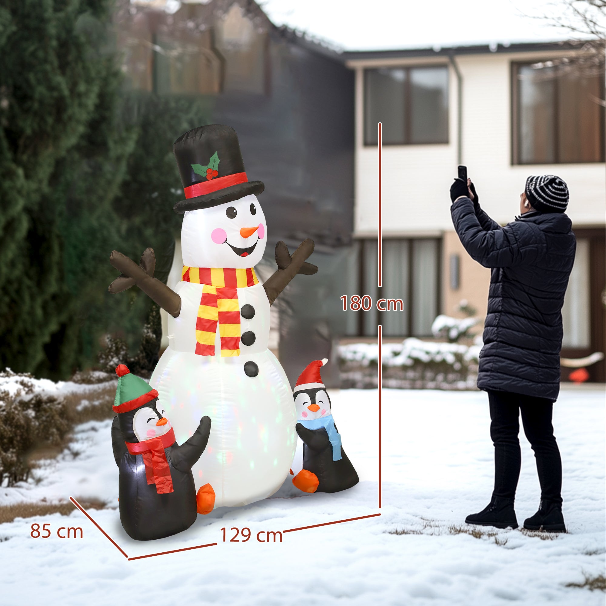 Outsunny 6FT Christmas Inflatables Snowman & Penguins with Built-in LED Lights and Flashing Projector Light, Blow Up Christmas Inflatable Decoration for Indoor Outdoor Decor, Garden 