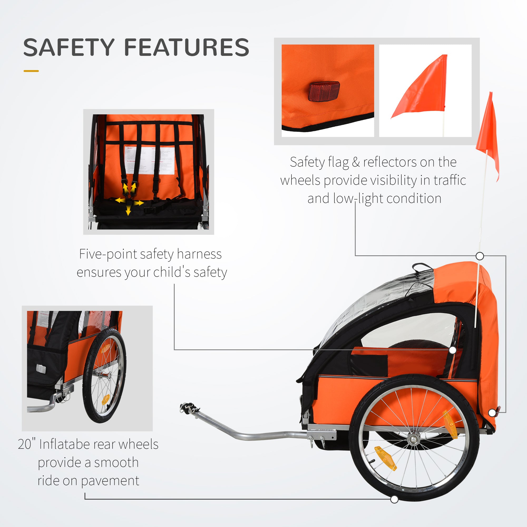 HOMCOM 2 Seat Bike Trailer Bicycle wagon for Kids Child Steel Frame Safety Harness Seat Carrier Orange Black 130 x 76 x 88 cm 