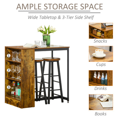 HOMCOM Industrial Bar Table Set for 2, 3 Pieces Pub Table and Bar Stools with Storage Shelf for Kitchen 