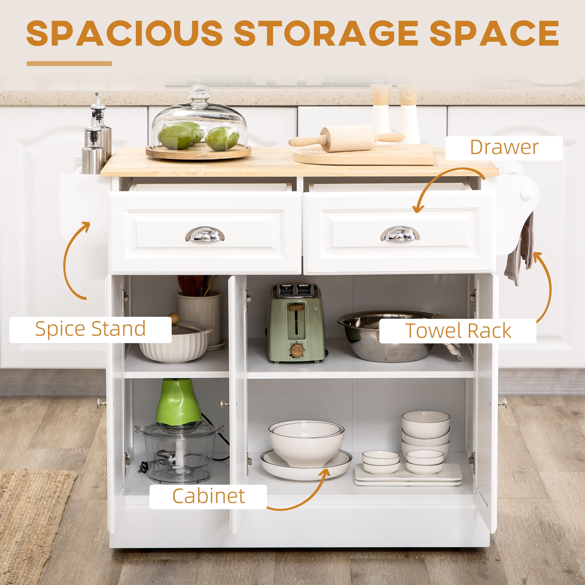 HOMCOM Kitchen Island with Storage Rolling Kitchen Serving Cart with Rubber Wood Top Towel Rack Storage Drawer Cabinet White 
