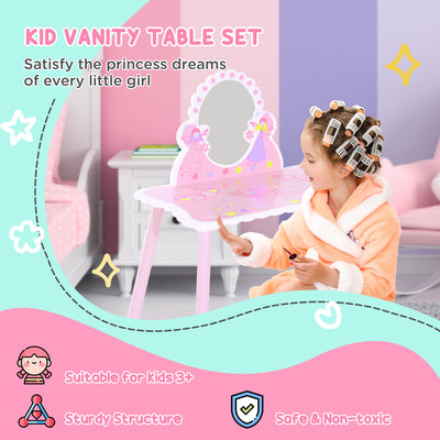 HOMCOM Kids Dressing Table Girls Pink Wooden Kids Dressing Table & Stool Make Up Desk Chair Toys Fairy Dresser Play Set w/Mirror 