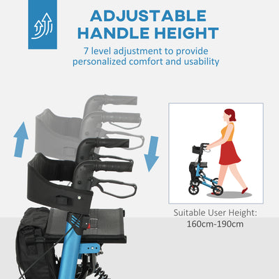 HOMCOM Folding Rollator Walker with Seat, Backrest, Lightweight Walking Frame with Storage Bag, Dual Brakes, Adjustable Handle Height, Suspension System, 4 Wheeled Walker for Seniors, Blue 