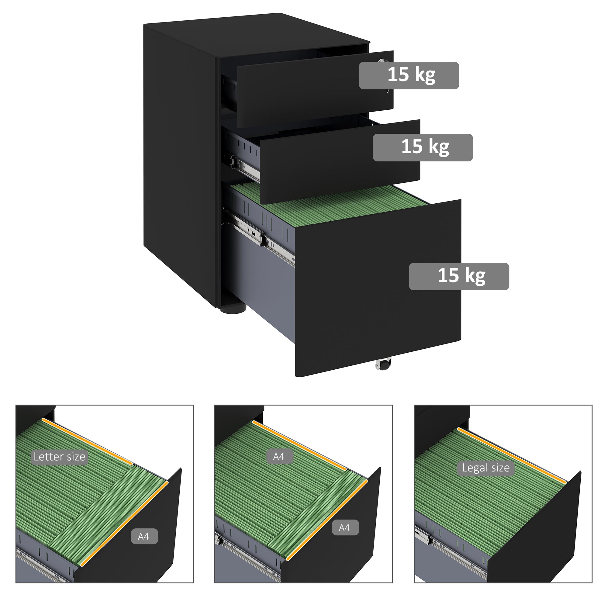 Vinsetto Lockable Cabinet, Rolling Filing Cabinet with 3 Drawers, Steel Office Drawer Unit for A4, Letter, Legal Sized Files 