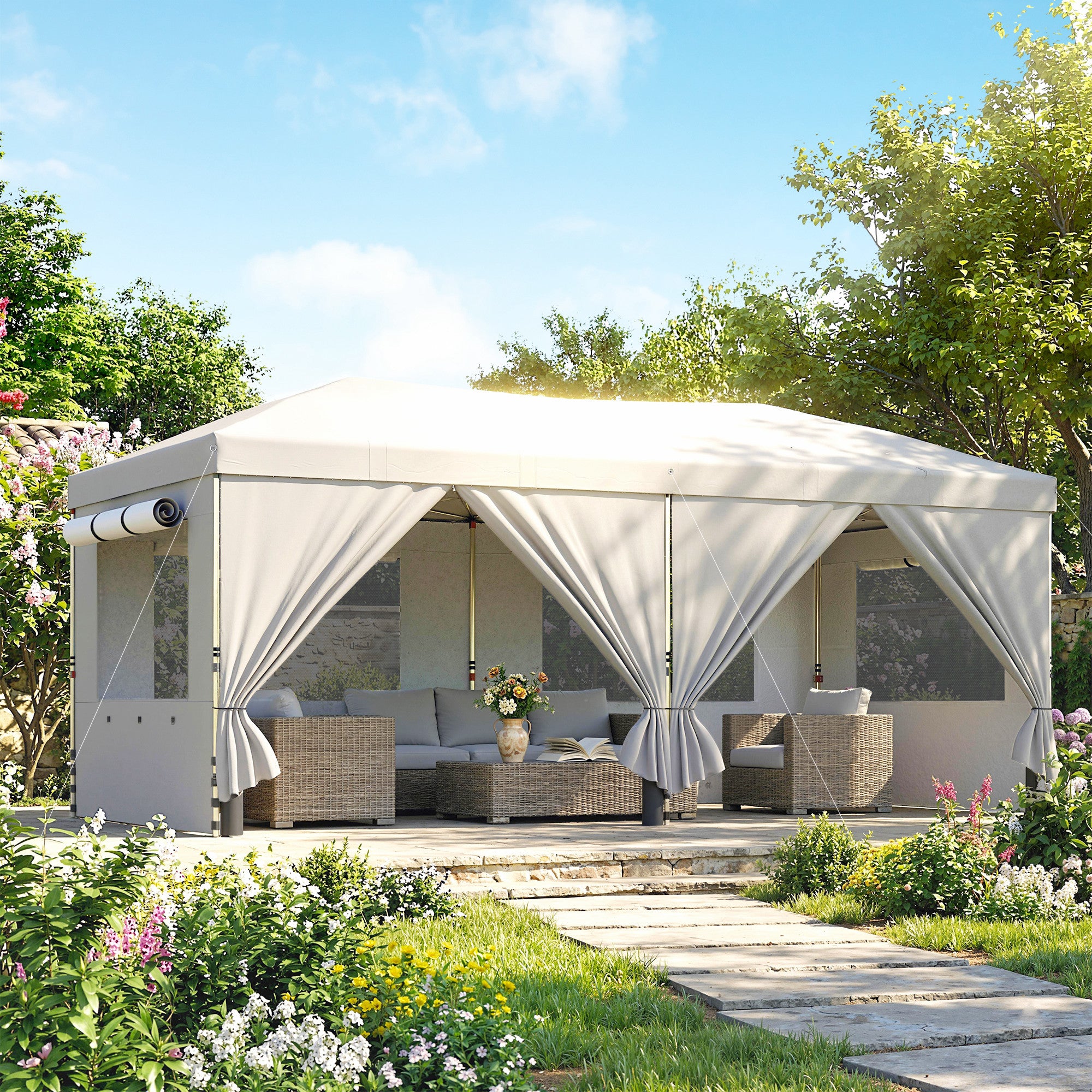 Outsunny 3 x 6 m Pop Up Canopy with UV50+ Protection Garden Gazebo with 6 Sidewalls, White 