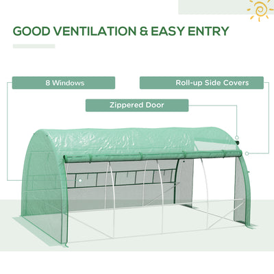 Outsunny Polytunnel Greenhouse Walk-in Grow House Tent with Roll-up Sidewalls, Zipped Door and 8 Windows, 4x3x2m Green 