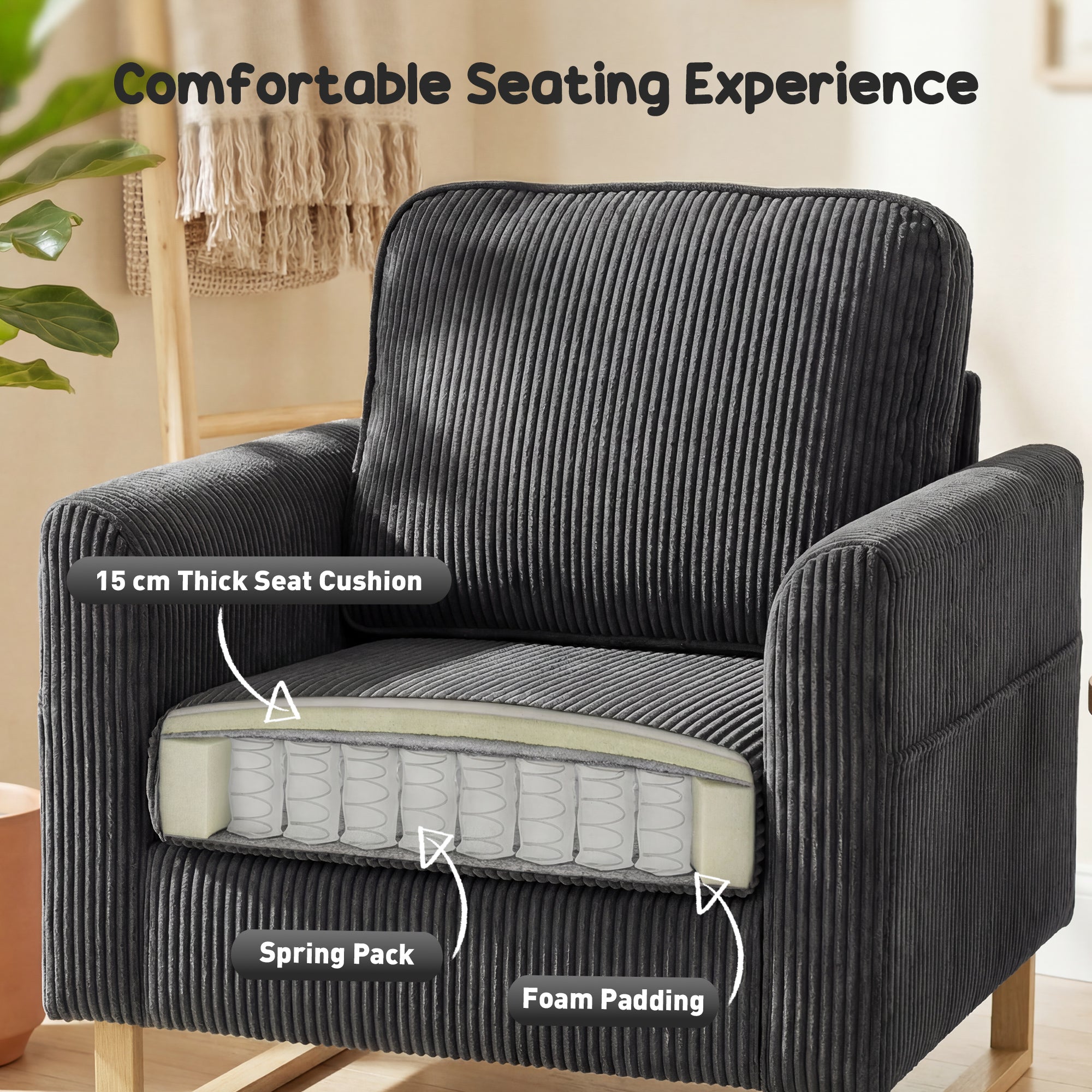 HOMCOM Accent Chair with Pocket Spring, Modern Industrial Armchair with Metal Legs for Livingroom Dark Grey 