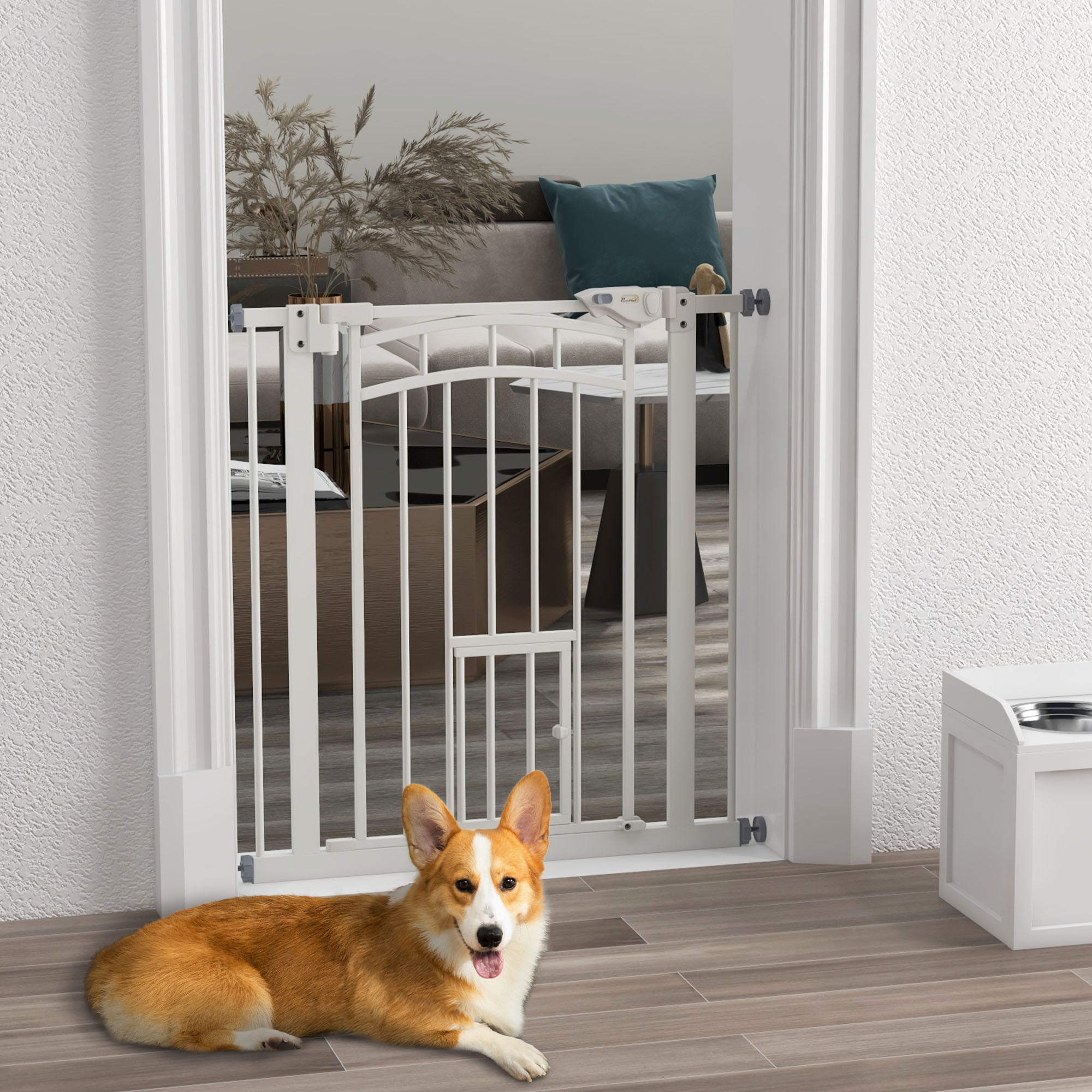 PawHut Pressure Fit Stair Gate, Dog Gate w/ Small Cat Door, Auto Closing System, Double Locking Openings, 74-80cm - White 