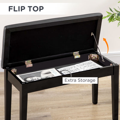 HOMCOM Classic Piano Bench Stool, PU Leather Padded Keyboard Stool with Rubber Wood Legs and Music Storage Compartment, Black 