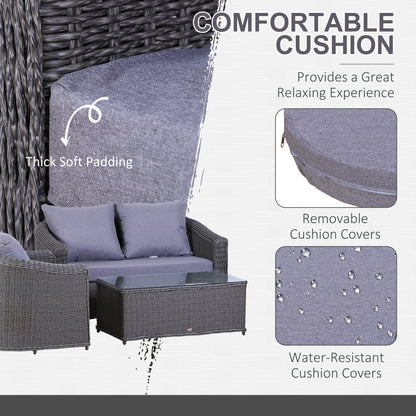 Outsunny Deluxe Round PE Rattan Garden Furniture Set, Fully-assembly Outdoor Sofa Set with Armchair, Loveseat, Glass Top Coffee Table, Aluminium Frame, Cushion, Grey 