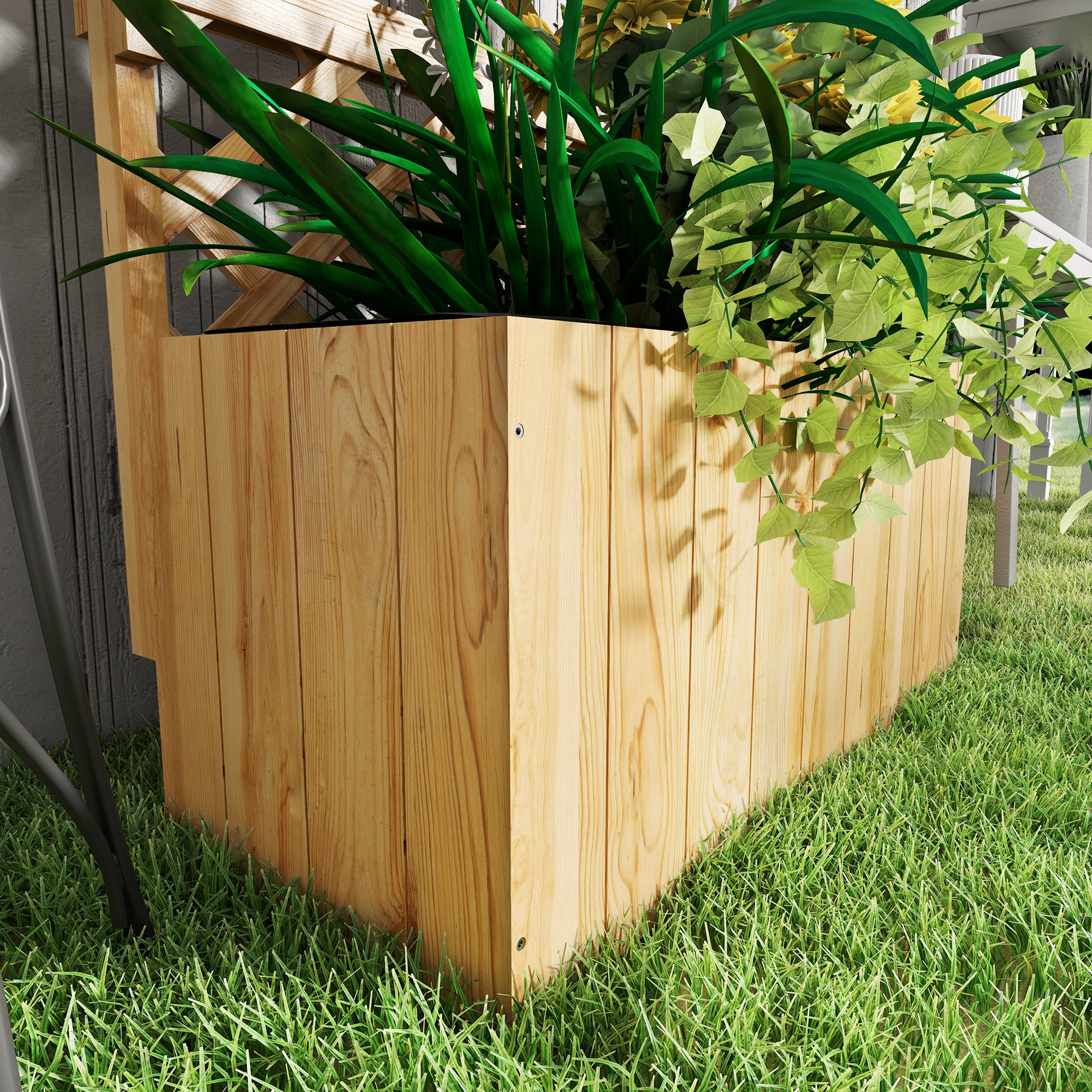 Outsunny 52L Wooden Planter, with Trellis and Shelves - Natural Finish 