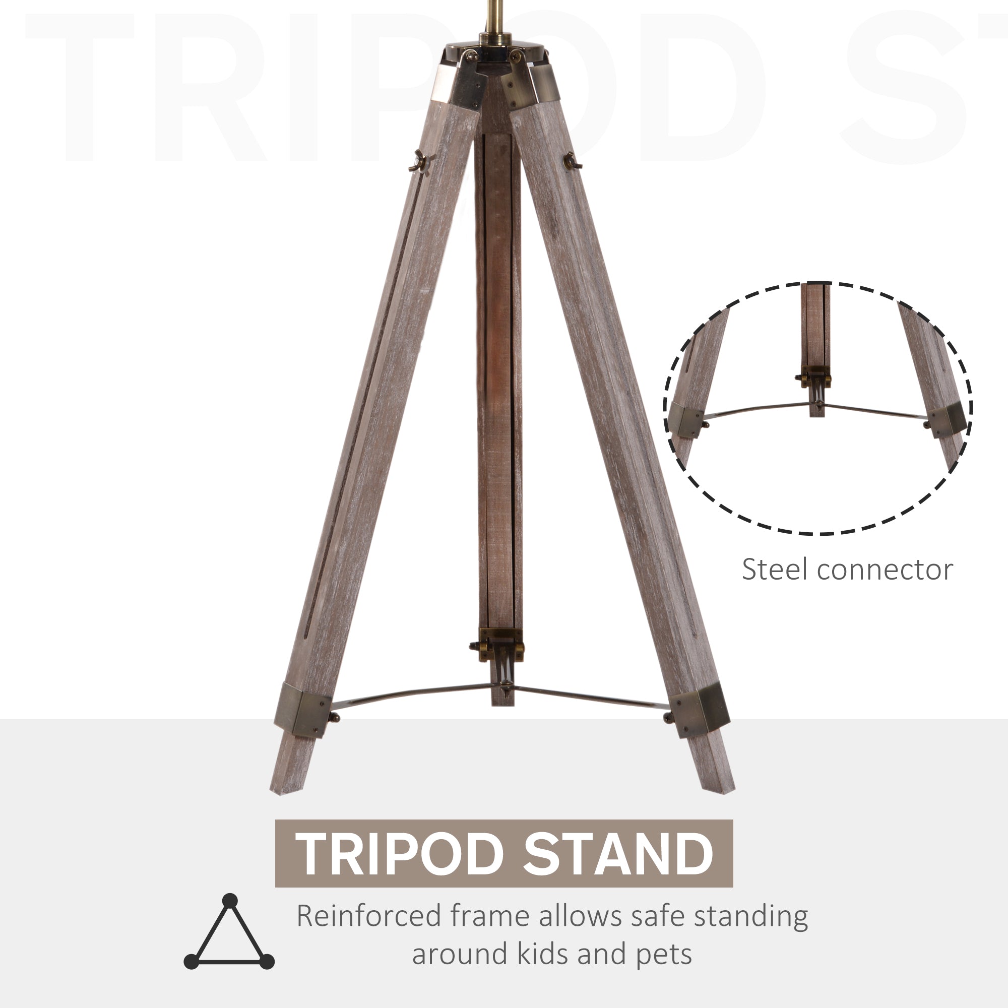 HOMCOM Industrial Tripod Floor Lamp, Nautical Searchlight with Adjustable Height, Wood Legs, E14 Lamp Base for Living Room, Bedroom, Grey and Bronze 