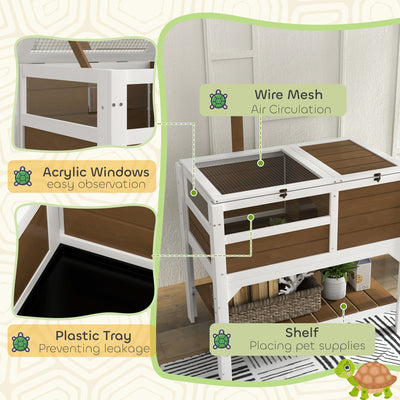 PawHut Wooden Tortoise House, with Shelter, Run, Shelf, Lamp Holder, Tray - Brown 