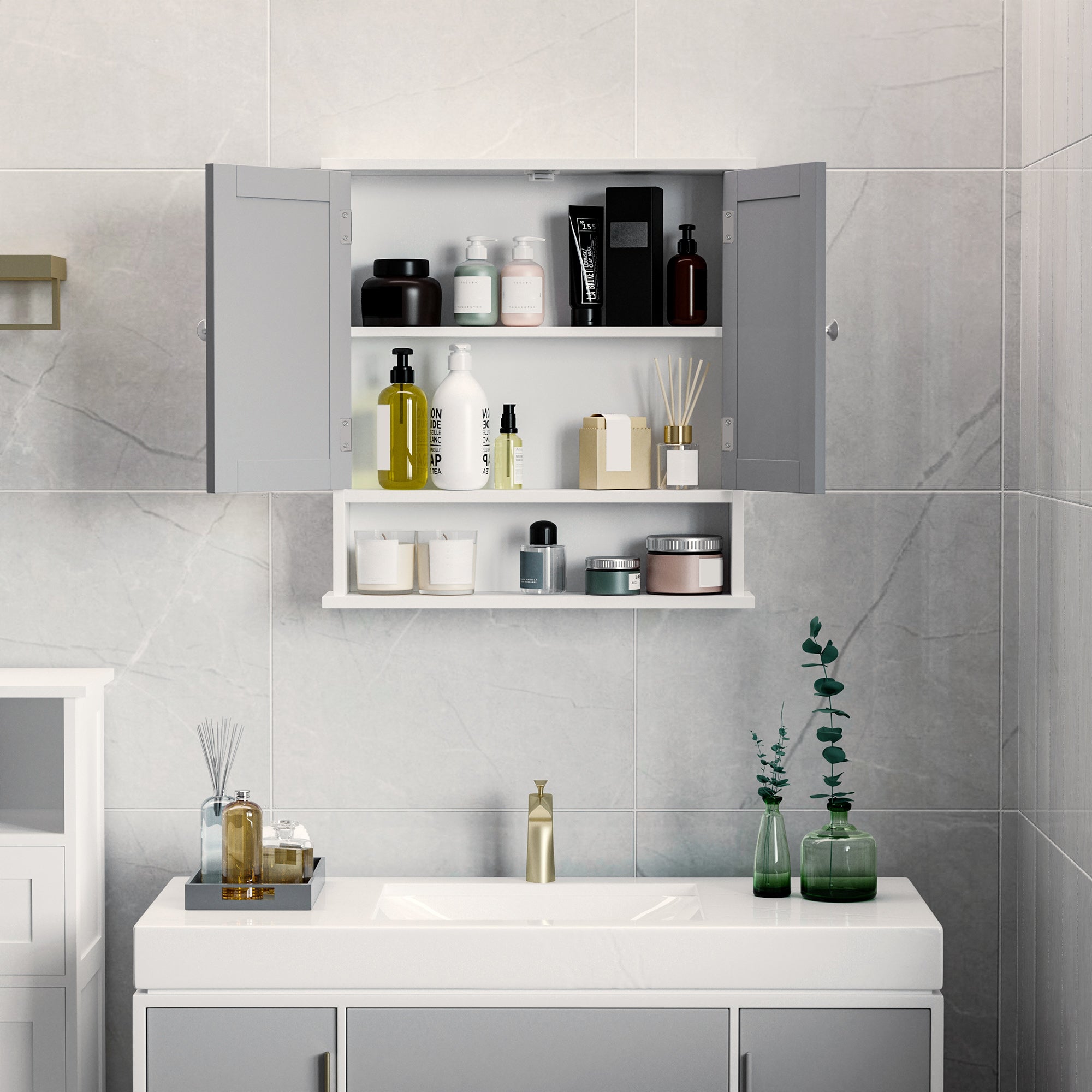 kleankin Mirror Cabinet Wall Mounted with Double Mirrored Doors, Hanging Cabinet with Cupboard and Shelf, Bathroom Wall Storage Organizer, Grey 
