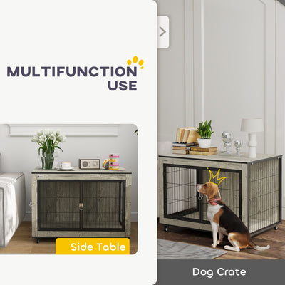 PawHut Dog Crate Furniture with Wheels, Double Doors, for Medium Dogs, 80 x 56 x 62.5cm, Grey 