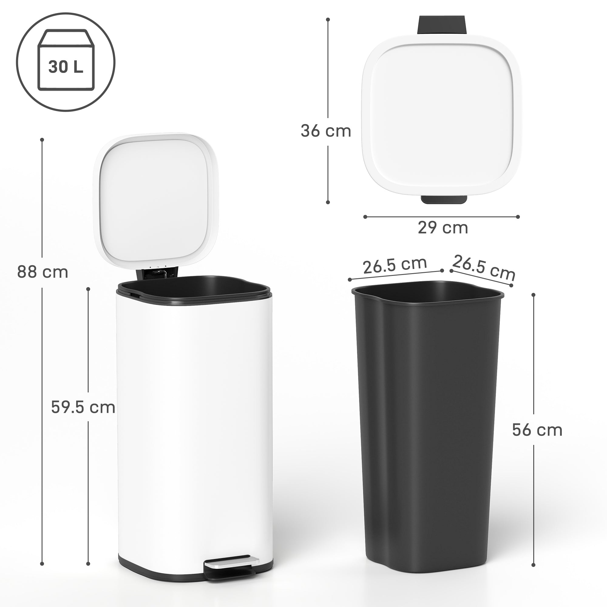 HOMCOM 30L Kitchen Bin, Compact Pedal Bin with Soft-Close and Stay-Open Lid, Removable Bucket for Kitchen, Home, Office, White 