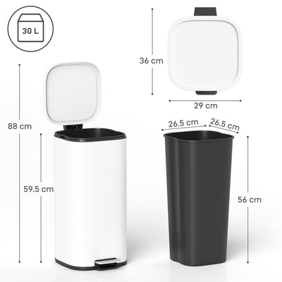 HOMCOM 30L Kitchen Bin, Compact Pedal Bin with Soft-Close and Stay-Open Lid, Removable Bucket for Kitchen, Home, Office, White 