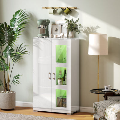 HOMCOM High Gloss Sideboard, Display Cabinet with 16-Colour RGB LED Lights and Remote Control, Modern Storage Cupboard with Glass Doors and Shelves for Living Room, Dining Room, Kitchen, White 