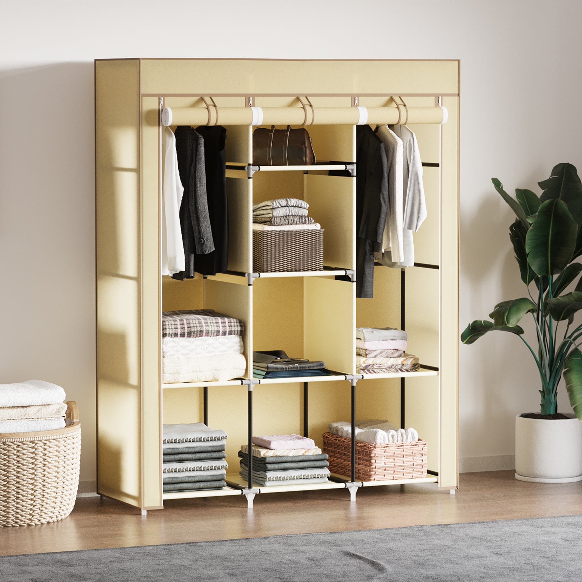 HOMCOM Fabric Wardrobe, Portable Wardrobe, Clothes Storage Unit with 8 Shelves, 2 Hanging Rods, 125 x 43 x 162.5 cm, Beige 