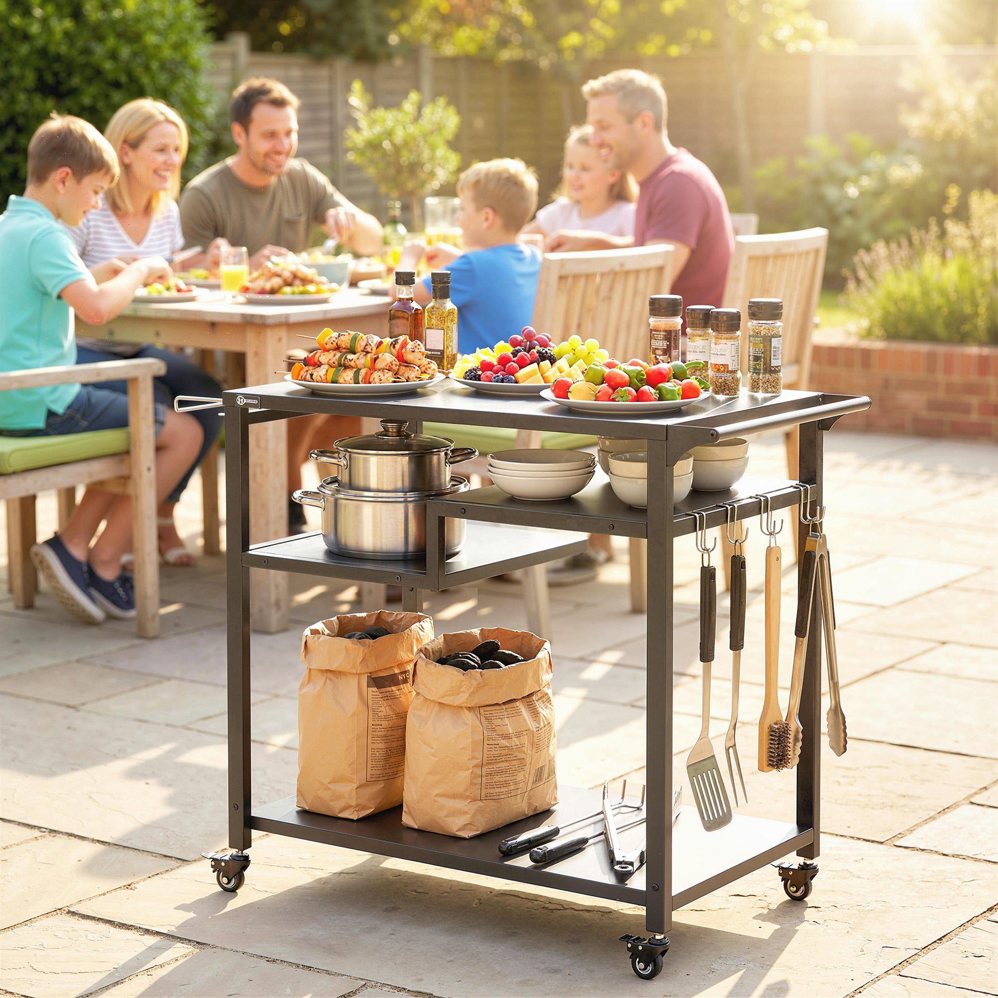 Outsunny Outdoor Grill Cart, Three-Tier Pizza Oven Stand  with Steel Tabletop, Hooks, Rubbish Bag Holder, Wheels, Black 