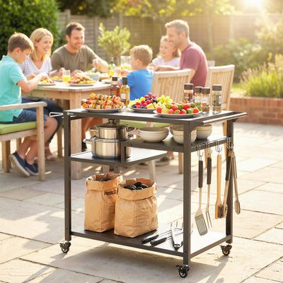 Outsunny Outdoor Grill Cart, Three-Tier Pizza Oven Stand  with Steel Tabletop, Hooks, Rubbish Bag Holder, Wheels, Black 