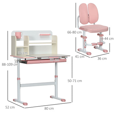 HOMCOM Kids Desk and Chair Set, with Storage Shelves, Washable Cover, for Ages 3-12 Years - Pink 