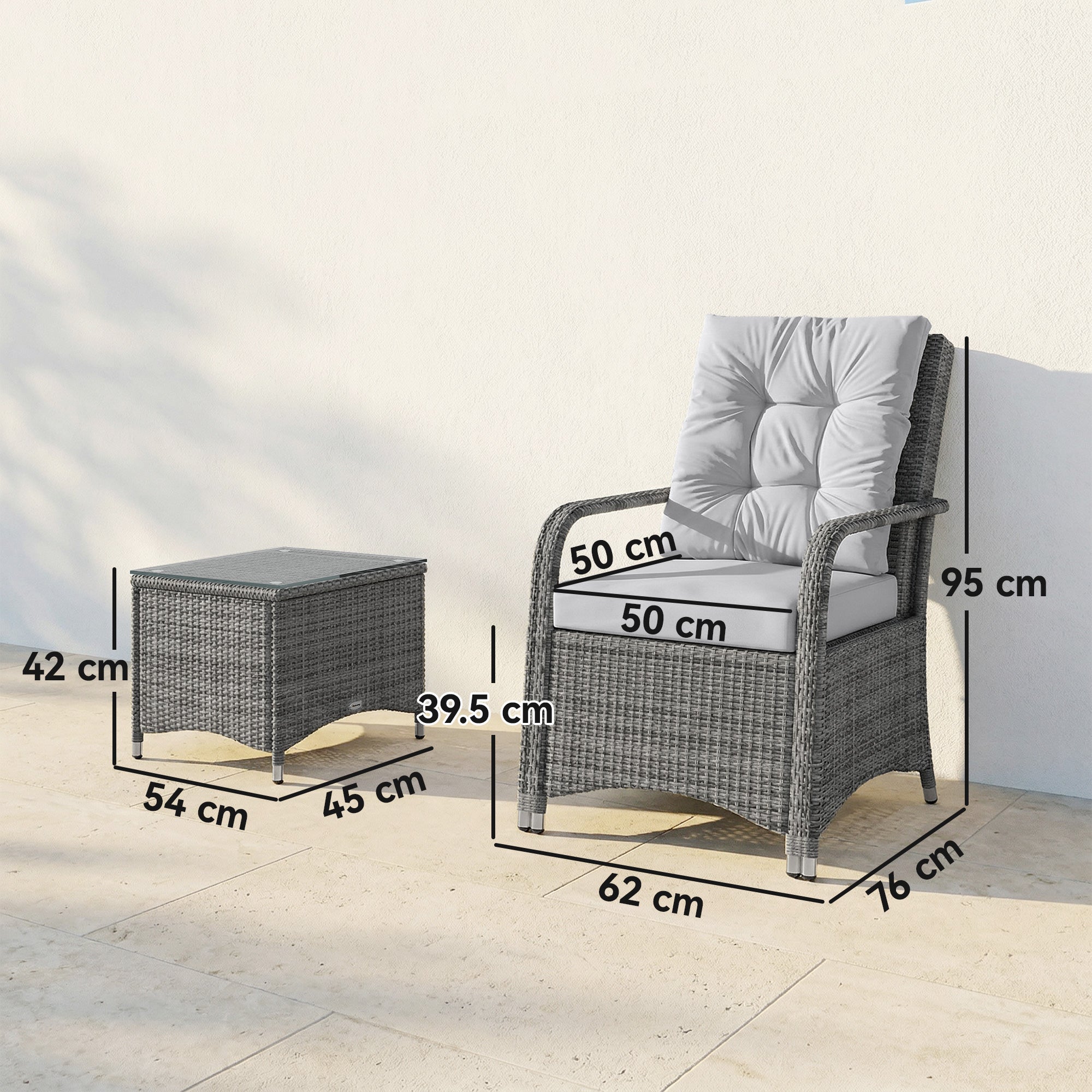Outsunny 3 Pieces Rattan Bistro Set, Wicker Garden Furniture Set with Metal Frame, Cover, Glass Top Coffee Table, Light Grey 