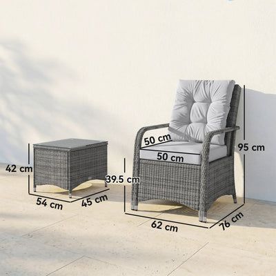 Outsunny 3 Pieces Rattan Bistro Set, Wicker Garden Furniture Set with Metal Frame, Cover, Glass Top Coffee Table, Light Grey 