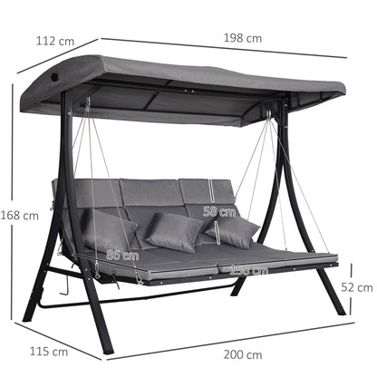 Outsunny 3 Seater Garden Swing Seat Outdoor Swing Chairs Chaise Lounge Padded Seat Hammock Canopy Porch Patio Bench Bed Recliner Sun Lounger - Grey 