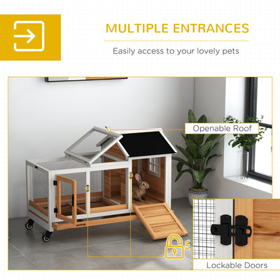 PawHut Wooden Rabbit Hutch, Guinea Pig Cage, with Removable Tray, Wheels - Yellow 