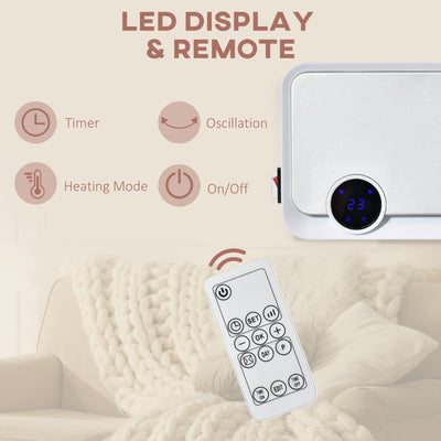 HOMCOM Wall Downflow Heater 2 Heat and Fan 1000W/2000W, Electric Space Heater with Timer Remote Oscillating, for Bedroom Home Office, White and Silver 
