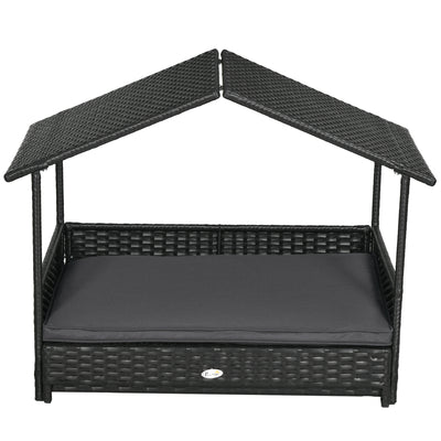 PawHut Extendable Elevated Dog Bed, Rattan Dog House w/ Water-Resistant Roof, Removable Cushion - Grey 