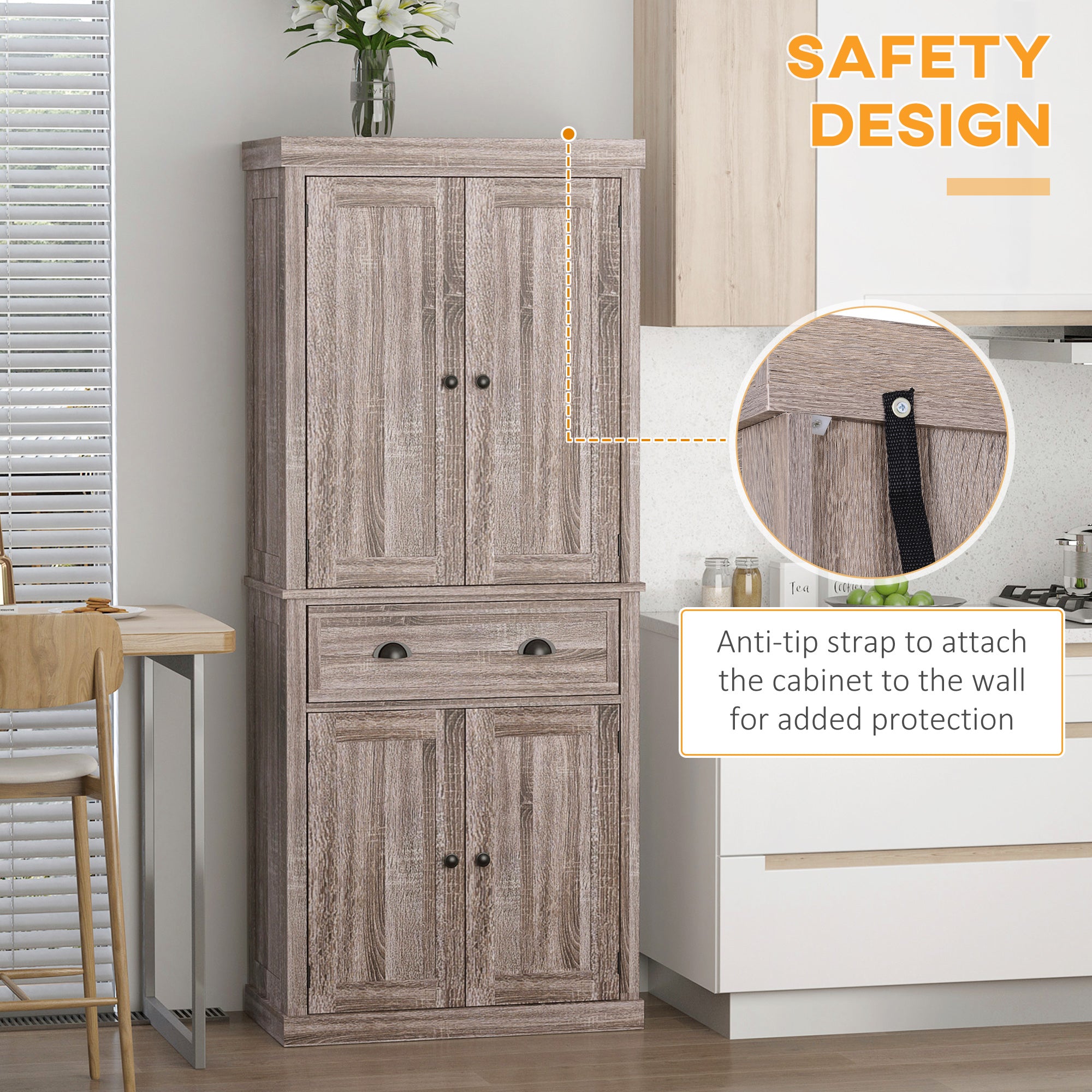 HOMCOM Freestanding Kitchen Cupboard, 184cm Tall Storage Cabinet with Doors and Shelves, Traditional Colonial 4-Door Kitchen Pantry Cupboard with Drawer, Dark Wood Grain 