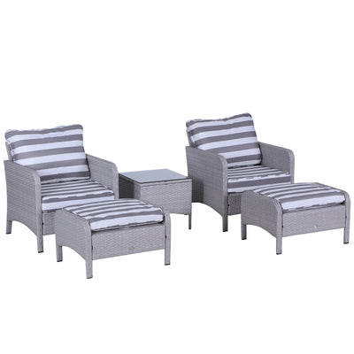 Outsunny 5 Pieces PE Rattan Garden Furniture Set with 10cm Thick Padded Cushions, Wicker Weave Outdoor Seating Chairs with 2 Armchairs, 2 Stools, Glass Top Table, Grey and White 