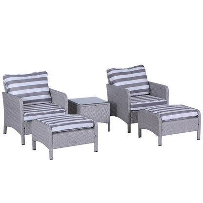 Outsunny 5 Pieces PE Rattan Garden Furniture Set with 10cm Thick Padded Cushions, Wicker Weave Outdoor Seating Chairs with 2 Armchairs, 2 Stools, Glass Top Table, Grey and White 