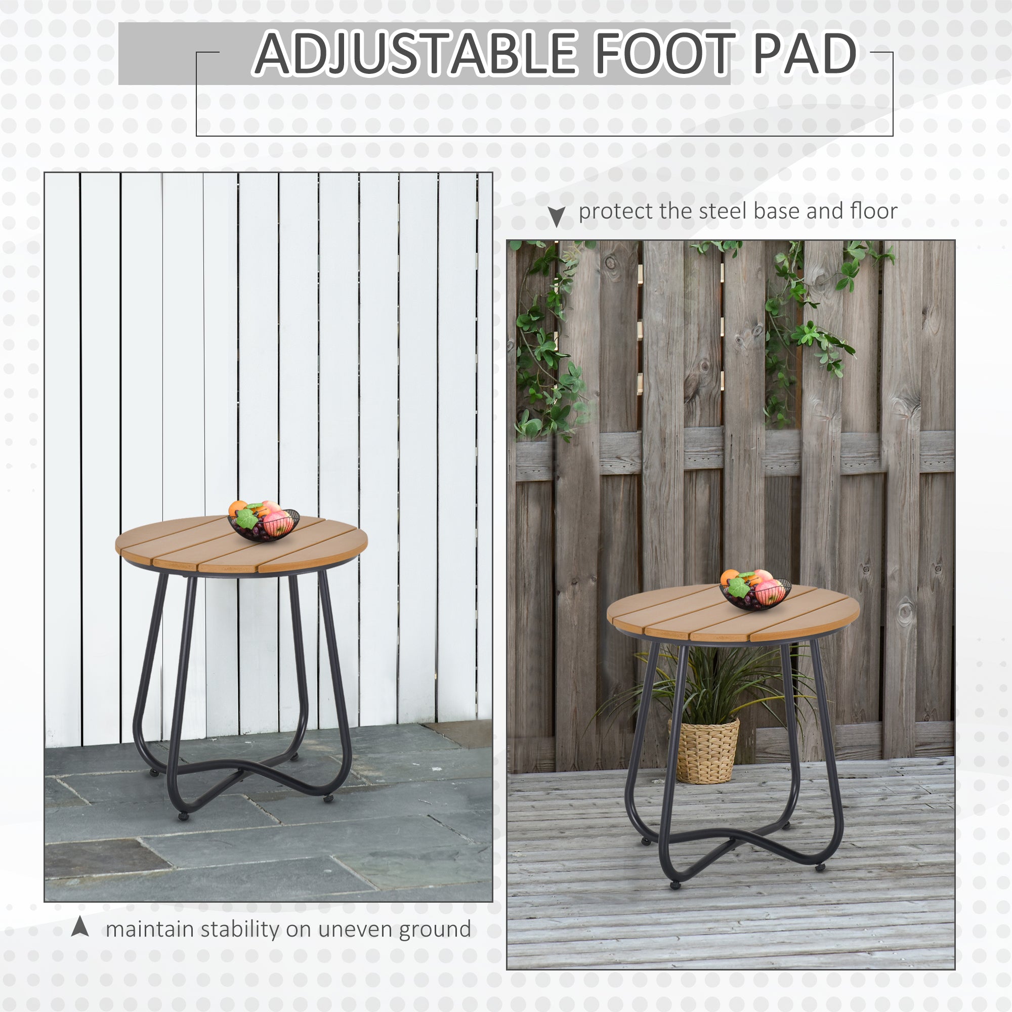 Outsunny Round Outdoor Side Table Adjustable Leg Pads Garden Table 49 x 49 x 48 cm Natural Wood & Black 