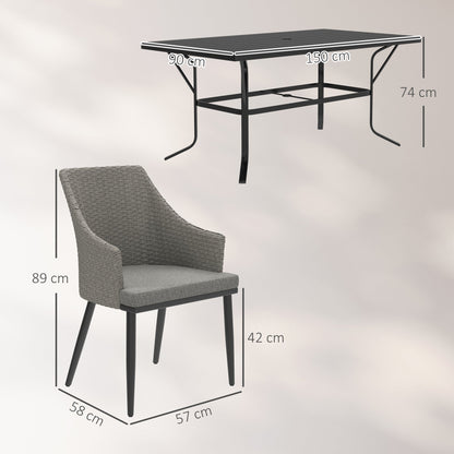 Outsunny 6 Seater Rattan Dining Set with Cushions, Garden Furniture Set with Armchairs, Rectangle Slatted Table Top, Steel Frame, Parasol Hole, Wicker Outdoor Furniture for Patio, Balcony, Grey 