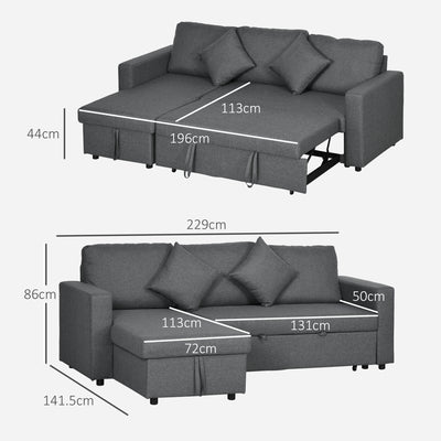 HOMCOM Corner Sofa Bed with Storage, 3 Seater Pull Out Sofa Bed, Convertible L Shape Sofa Couch with Reversible Chaise Lounge for Living Room, Dark Grey 