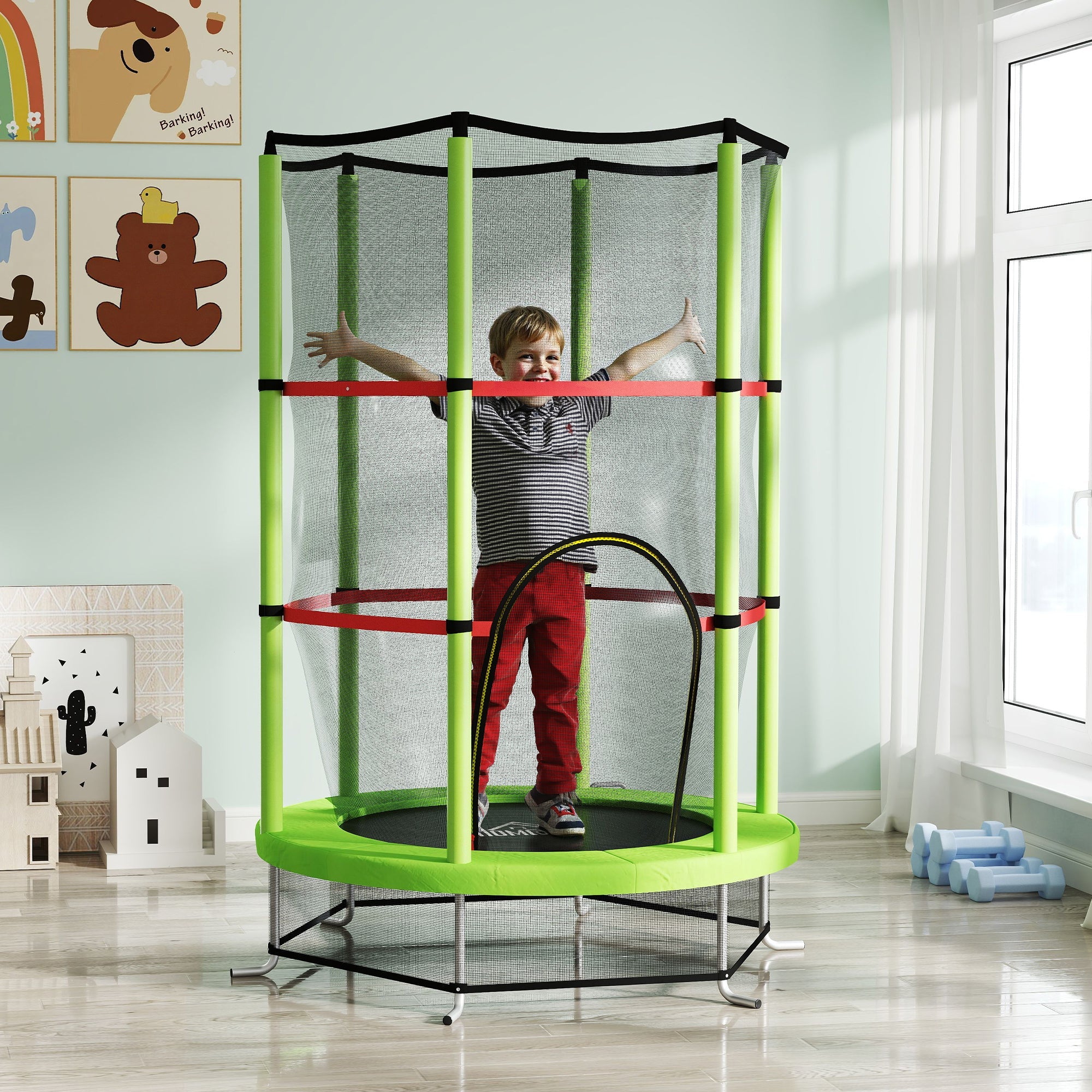 HOMCOM Kids Trampoline, with Enclosure Net, Steel Frame, for Ages 3-6 Years - Green 