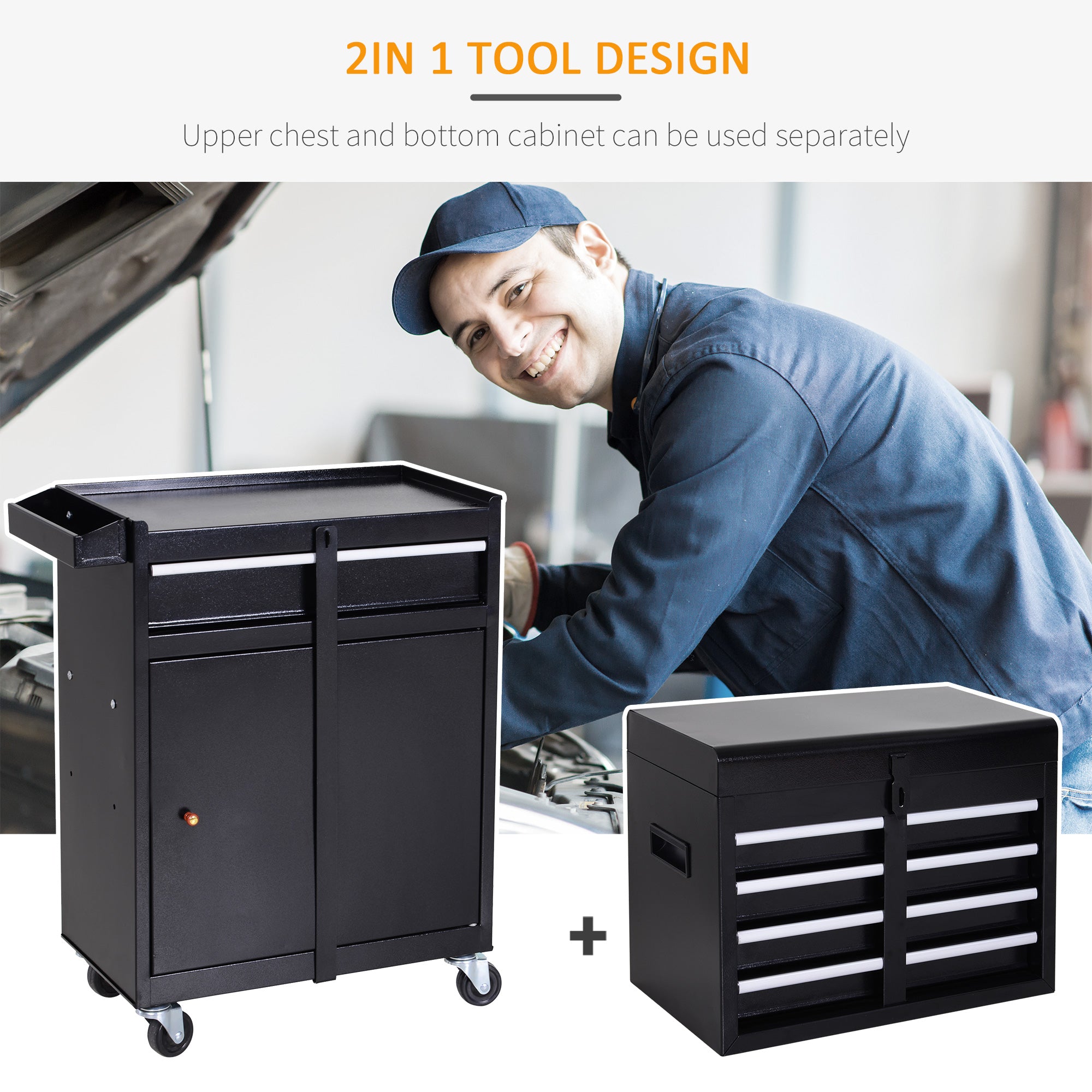 DURHAND Tool Chest 2 in 1 Metal Tool Cabinet Storage Box with 5 Drawers Pegboard Wheels 60x28x104.5cm Black 