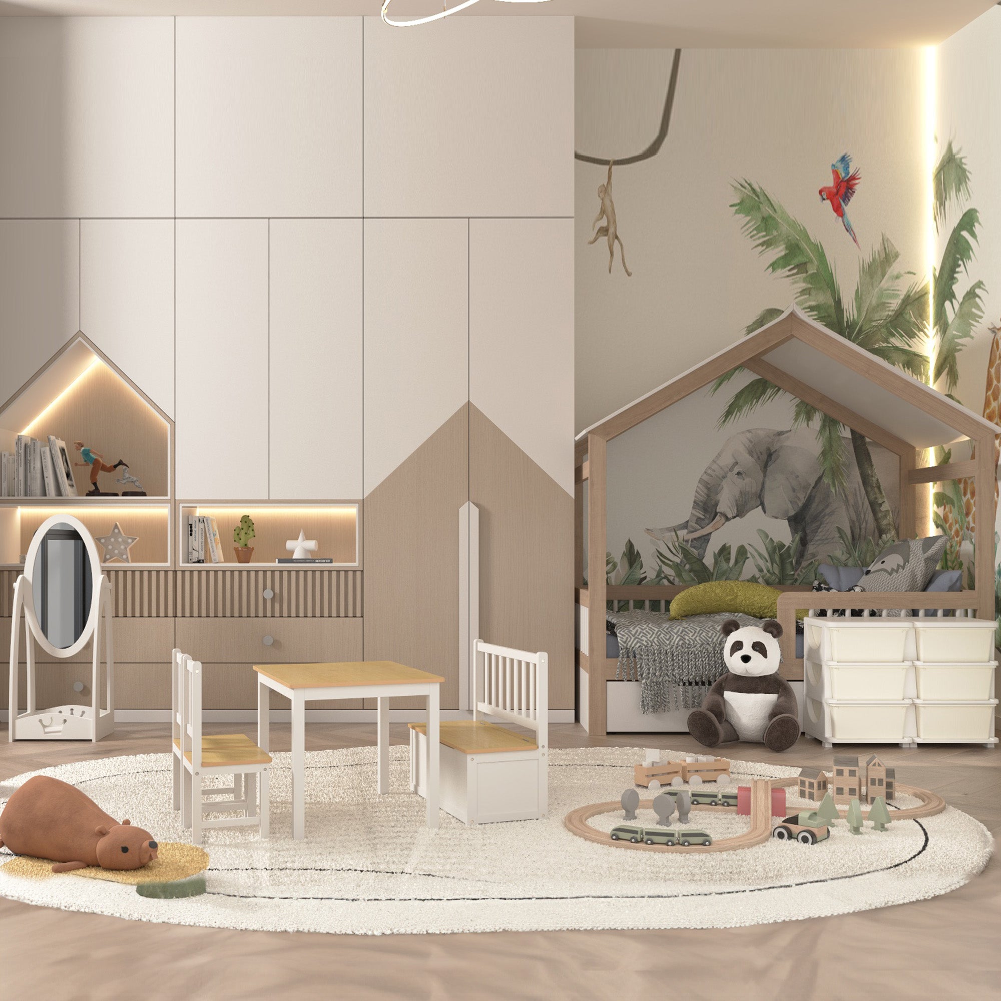 HOMCOM 4-Piece Kids Table and Chair Set with 2 Wooden Chairs, 1 Storage Bench, and Interesting Modern Design, Beige/White 