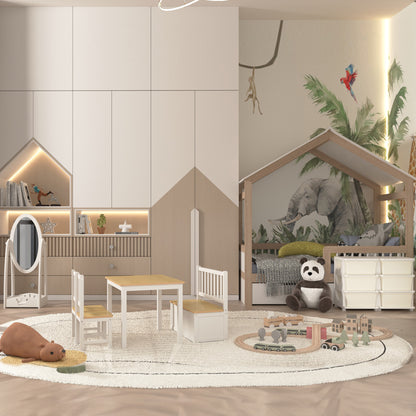 HOMCOM 4-Piece Kids Table and Chair Set with 2 Wooden Chairs, 1 Storage Bench, and Interesting Modern Design, Beige/White 