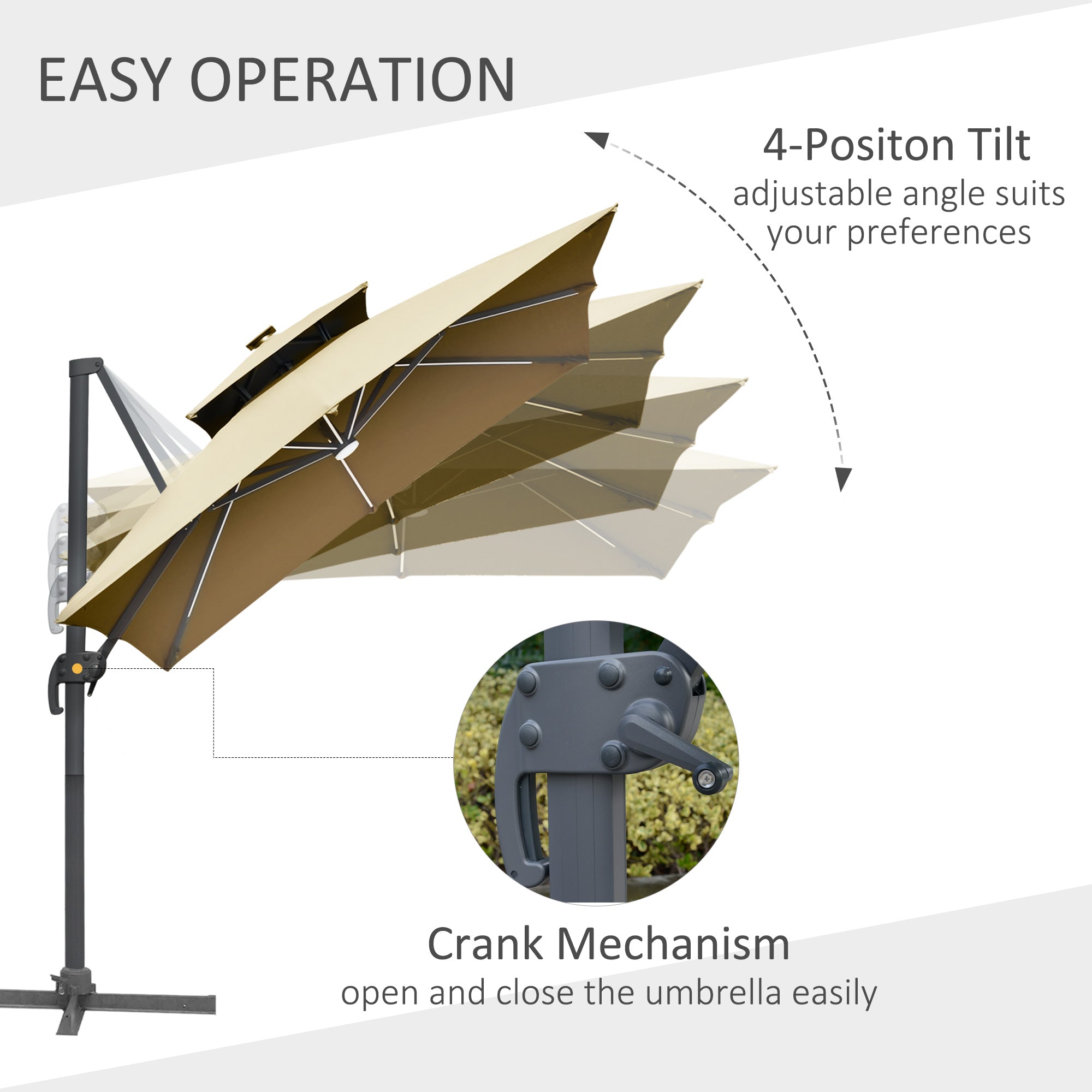 Outsunny 3m Cantilever Parasol, Outdoor Offset Patio Umbrella, Solar LED Lighted Hanging Sun Shade Canopy with Tilt and Crank Handle, Cross Base for Lawn, Khaki 