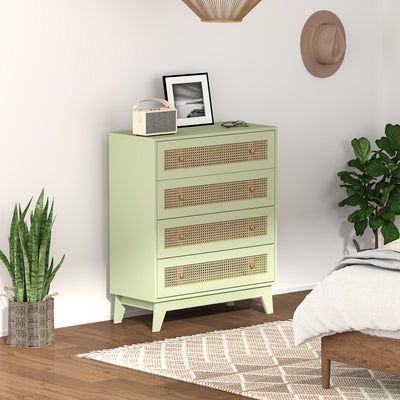 HOMCOM Chest of Drawers, 4-Drawer Storage Organiser Unit with Rattan Element for Bedroom, Living Room, Light Green 