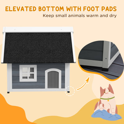 PawHut Outdoor Cat House, Wooden Feral Cat Shelter, with Openable Asphalt Roof, Three Doors - Grey 