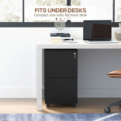 Vinsetto 2-Drawer Vertical Filing Cabinet with Lock and 5 Wheels, Steel Mobile File Cabinet, for A4, Legal and Letter Size, Pre-Assembled Body, Black 