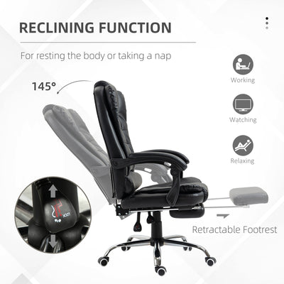 HOMCOM Executive Office Chair, PU Leather Home Office Chair with Swivel Wheels, Reclining Backrest, Retractable Footrest, Black 