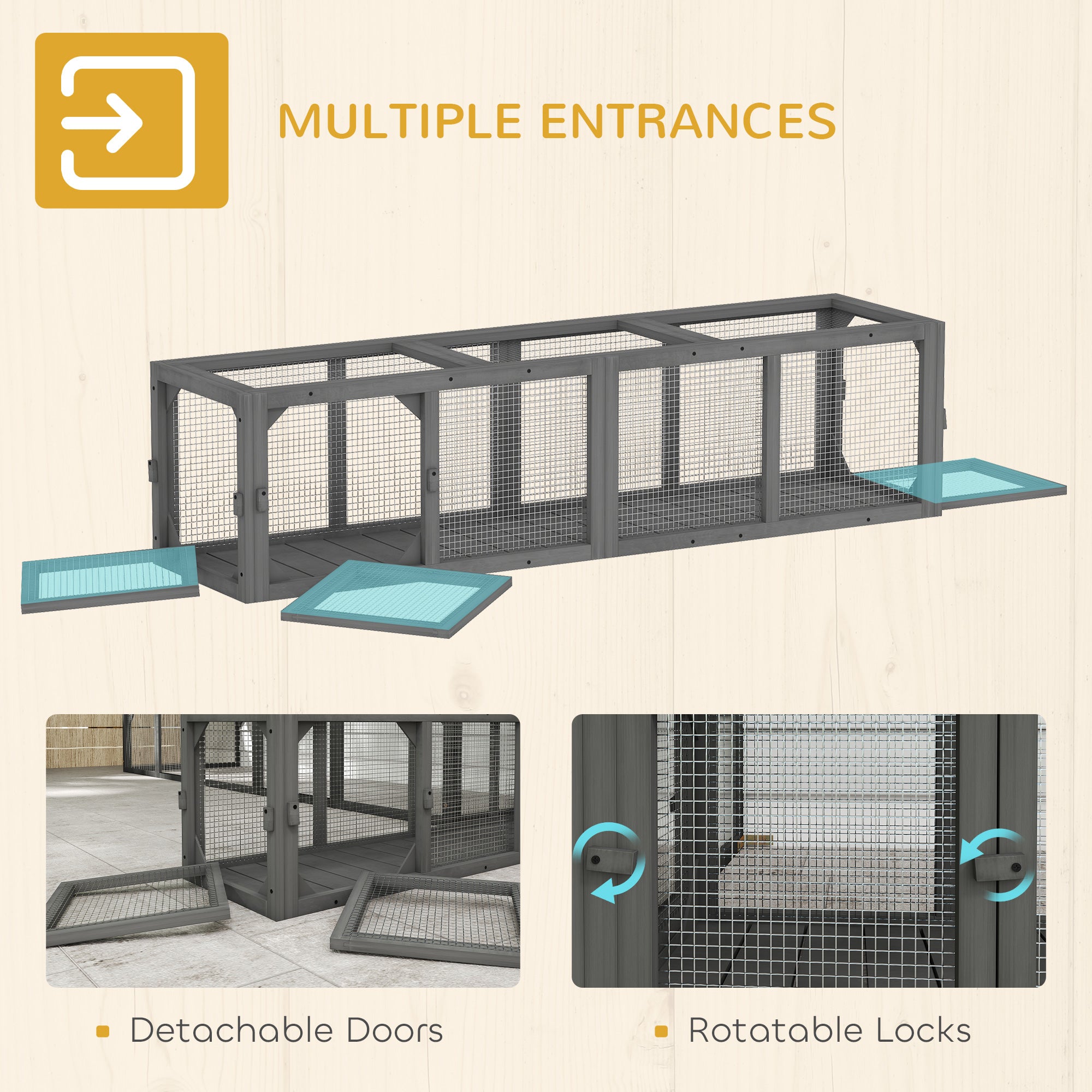 PawHut Outdoor Cat Tunnel, Wooden Play Cat Enclosure, Extendable Pet Run with 3 Doors, for Indoor and Outdoor Use, Grey 