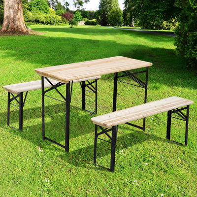 Outsunny Portable Folding Camping Picnic Trestle Beer Table and Bench Set Garden BBQ Chairs Stools Wooden Wood (120cm(L) x 25cm(W) x 46cm(H)) 